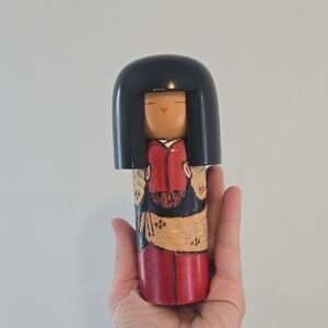 Vintage Kokeshi Hand Painted Japanese Doll. Hand Made Japanese Folk Art Doll